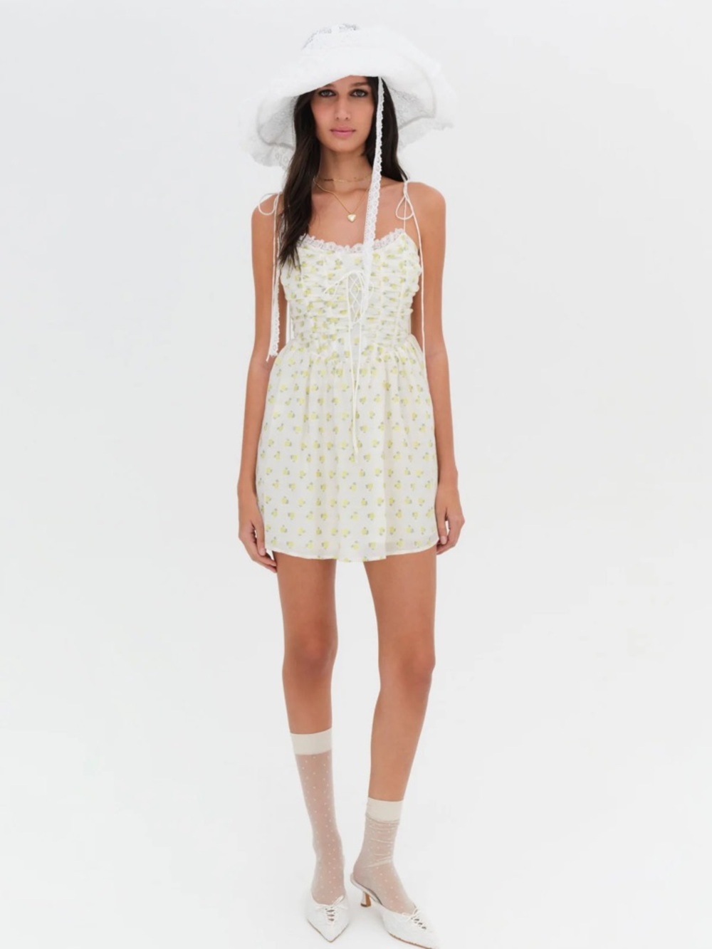 For Love & Lemons Kiela Mini Dress |White with Yellow Floral | (S) | NWT